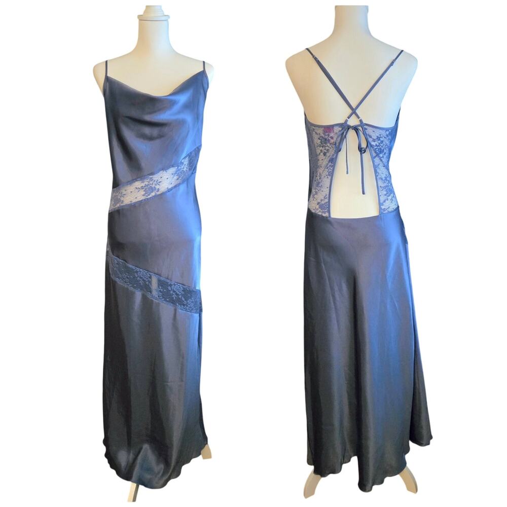 Coquette Delicate Lace Panel Maxi Slip Dress 1X Periwinkle Drape Neck Open Back